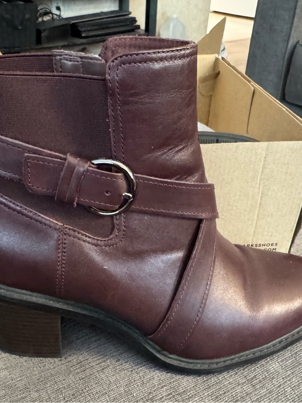 Clarks Burgundy Leather Ankle Boot with Buckle Strap